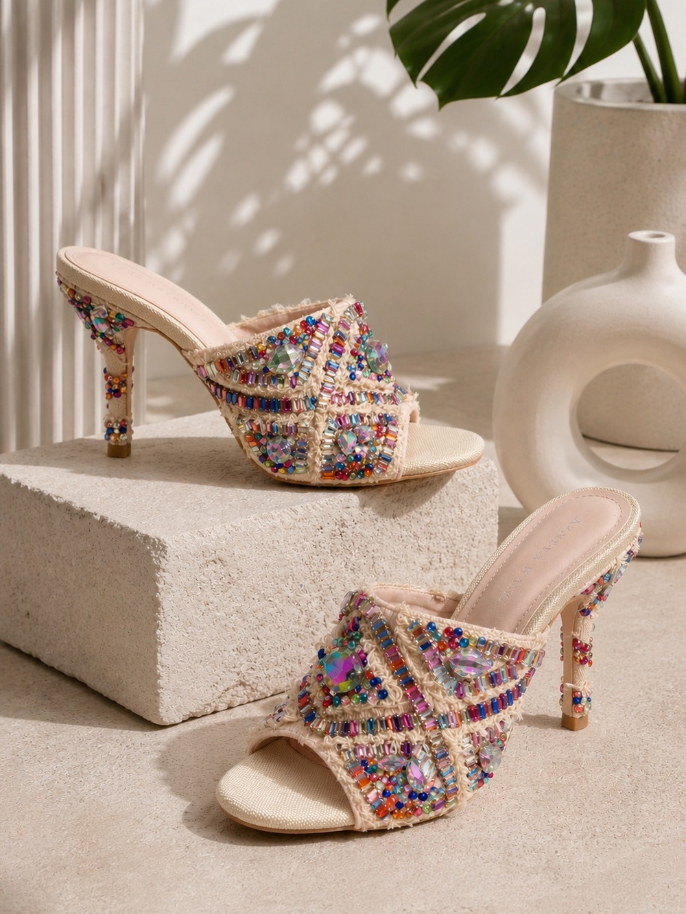 Azalea Wang Jeweled Crystal Slide Heels | Multicolor Statement Mules - Size 6.5